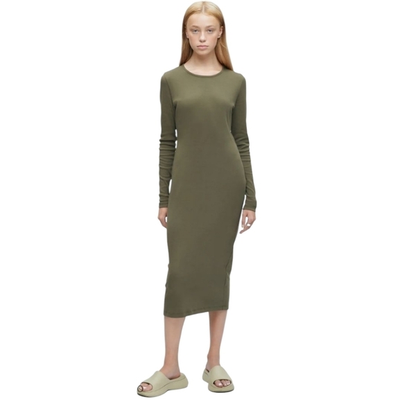 Kotn olive green 100% European cotton Pullover longsleeve Midi dress - Picture 2 of 8